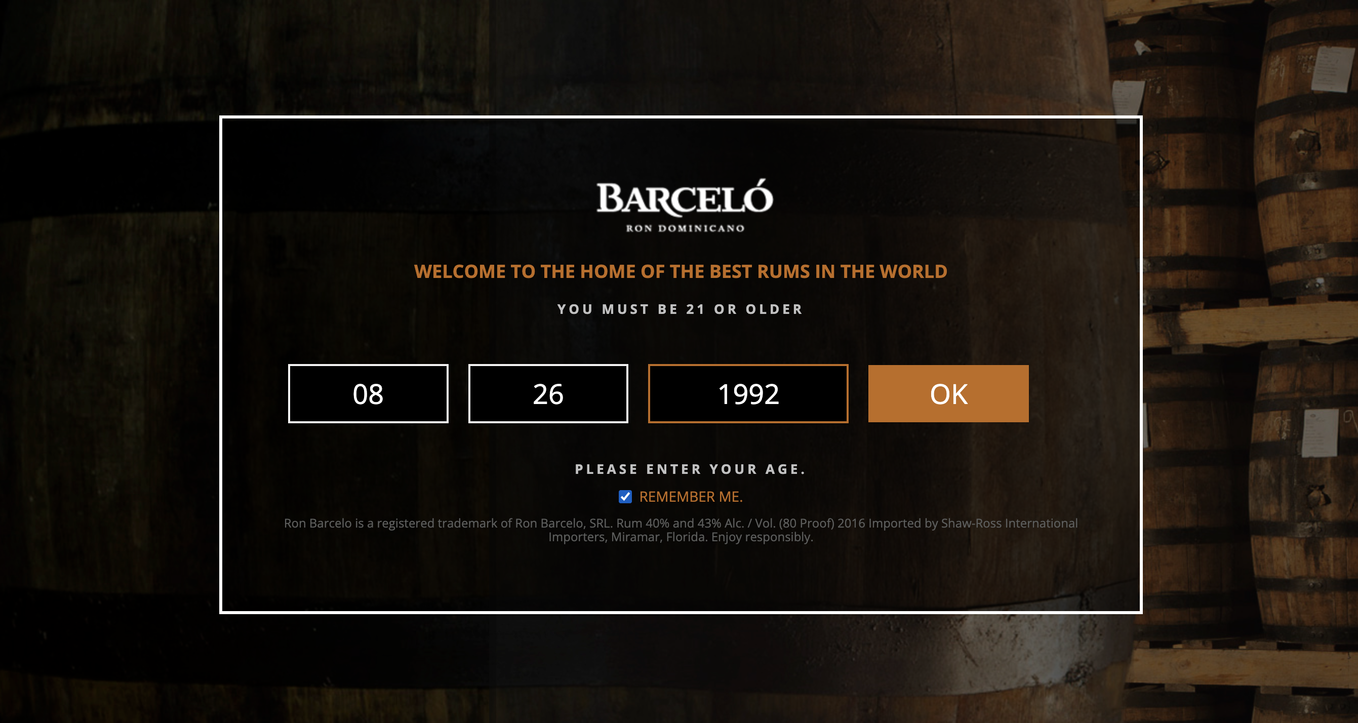 Original Ron Barceló USA website age verification intro