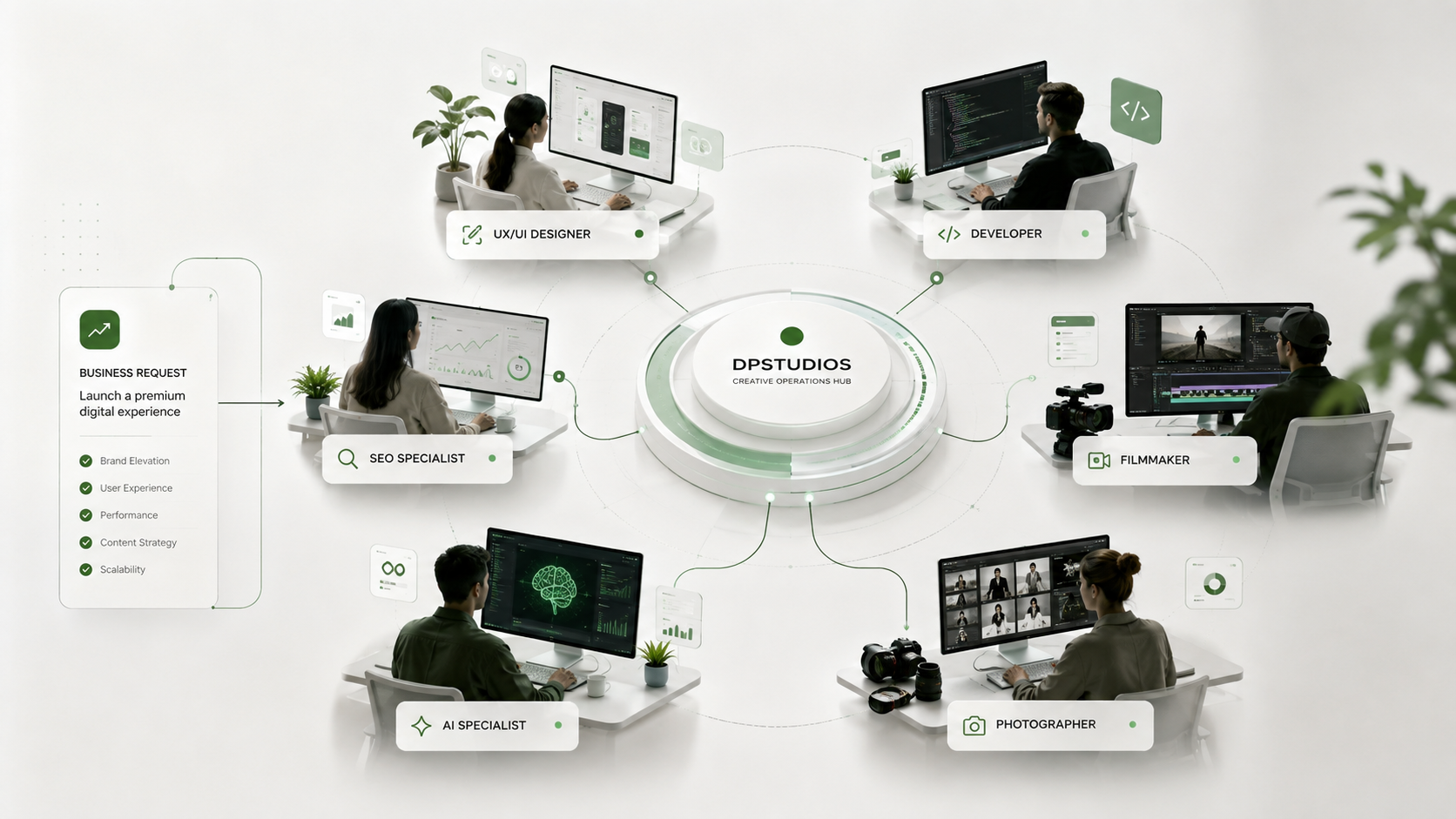 DPSTUDIOS creative operations hub connecting a business request to specialists